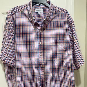 Men’s 3X button down shirt with red, blue, and tan checks.